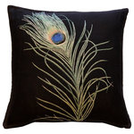 Pillow Decor Ltd. - Pillow Decor - Peacock Feather 19 x 19 Throw Pillow - As beautiful as the bird itself, this peacock feather French tapestry throw pillow will add elegance and sophistication to your home. A single peacock plume in soft greens, is punctuated by the blue marking that is the hallmark of the male peacock's plumage.