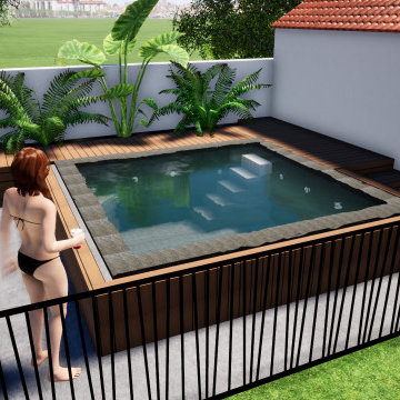 Piscine SPA semi-enterrée à débordement miroir et carreaux de ciment