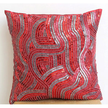 Designer Sequins And Beaded Red Shams, Art Silk 24"x24" Pillow Sham, Red Love