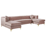 Meridian Furniture - Graham Velvet 3pc. Sectional, Pink - Sit back and get comfy on this pink velvet Graham three-piece sectional sofa. Plush pink velvet with a channel tufted back creates a contemporary display that is sure to be the focal point of your living room. This double chaise sectional features an inner width of 25 inches and outer width of 32 inches, with a width of 67 inches between both chaises, offering ample space for you and your loved ones to cuddle up and watch a movie after a long day. This sectional comes with complete sets of gold and chrome legs, so you can customize it to suit your existing decor.