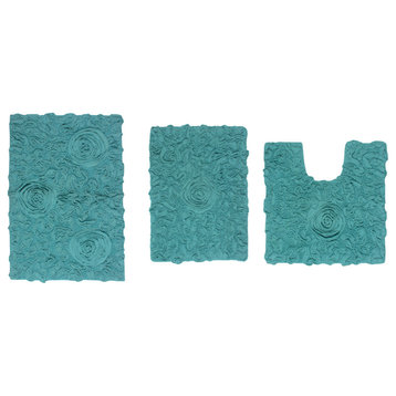 Bell Flower Collection Bath Rug, 3-Piece Set With Contour, Turquoise
