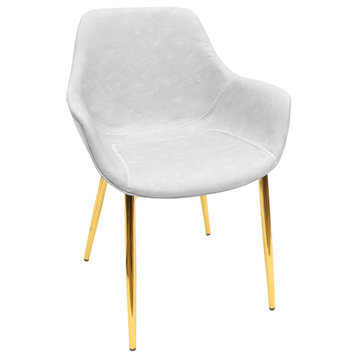 LeisureMod Markley Modern Leather Dining Armchair With Gold Legs, Light Gray