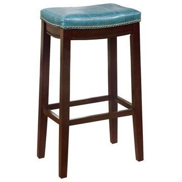 Linon Claridge Backless Bar Stool Blue Faux Leather Wood Frame in Brown Finish
