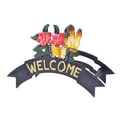 Import Wholesales - Welcome Garden Hose Holder, Butterflies & Flowers, Black Cast Iron, 12.38" W - Garden Hose Reels