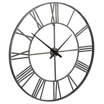 Wall Clock With Sleek Open Metal Frame And Roman Numbers, Antique Silver