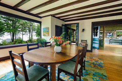 Example of an eclectic medium tone wood floor dining room design in Other with white walls