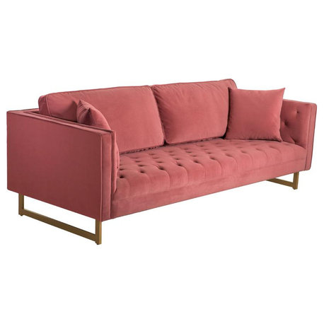 Lenox Pink Velvet Modern Sofa with Brass Legs, Natural Color