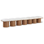 Meridian Furniture - Pavilion Black Boucle Fabric Bench, Cream, Walnut Brown Finish, 108.5" W X 18" D X 17.5" H - Bring valuable seating and remarkable style to your space with this cream Pavilion boucle fabric bench, an exquisite balance of style and usability for the entryway, bedroom, and beyond. Crafted from oak veneer with a walnut brown finish, this bench has a 4-inch-thick seat cushion that's channel-tufted for a touch of luxury. The bench's columnar bases add a dash of art deco design, making it a captivating focal point in any room.