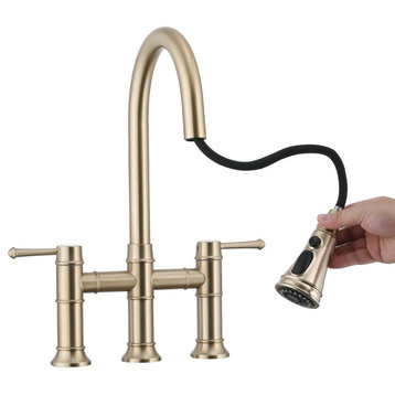 Traditional Double Handle Bridge Kitchen Faucet with Pull-Down Sprayhead, Brushed Gold
