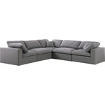 Meridian Furniture - Serene Linen Textured Fabric Deluxe Comfort 5-Piece L-Shaped Sectional, Gray - There's lots to love about the Serene linen textured deluxe cloud-like comfort modular collection, and this piece is not an exception. The soft Gray linen textured fabric is cozy and sleek to the touch while the overstuffed down/feather cushions provide gentle support so you can relax and unwind like a VIP. Customize your seating with this modular set by adding the pieces you like most. Latches under each piece make it easy to snap them into position for a look that's modern yet welcoming.