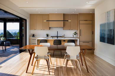 Modelo de comedor de cocina minimalista grande con paredes blancas y suelo de madera en tonos medios