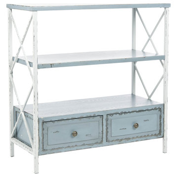 Unique Console Table, Crossed White Smoke Frame With Pale Blue Drawers & Shelves