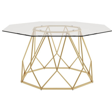 Contemporary Coffee Table, Golden Geometric Base With Tempered Glass Top