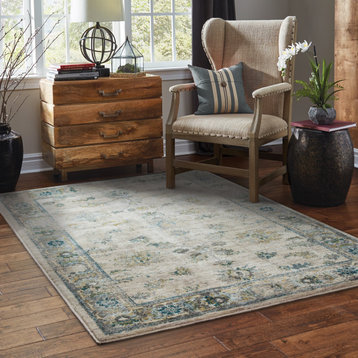Casa Faded Traditional Ivory and Blue Rug, 7'10"x10'10"