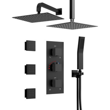 Thermostatic Wall Mount Rainfall Dual Shower Head Shower System With 3-Jets, Matte Black, 12"