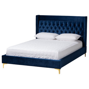 Breana Contemporary Navy Blue Velvet Fabric Queen Platform Bed With Gold Legs