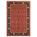 Bareens Designer Rugs - Boho Chic Ziegler Dawne Red Blue Hand-Knotted Wool Rug - 6'1'' x 8'9'' - Enhance the ambiance of your home with this magnificent Persian-influenced Turkish hand-knotted rug made by skilled artisans capable of creating the most exceptional vegetable dyes and hand-spun wool. This exquisite handmade rug is a one-of-a-kind Peshawar Kafkaz, otherwise identified as Chobi, Chobi Peshawar, Oushak, or Ziegler rug. These handmade rugs are crafted in Pakistan utilizing superior-quality wool imported from Australia, New Zealand, and Korea in two types of weaves: the Persian weave and the Mori weave. This rug is meticulously crafted by hand using the finest natural vegetable dyes extracted from local plants. The artisans use a blend of hand-spun local and fine merino wool, resulting in a rug with a compelling texture, higher lanolin content, and longer staple. The artisans occasionally incorporate natural or artificial silk into the pile to enhance specific motifs. The finished product is an awe-inspiring execution of flawless design and an understated palette that exudes elegance.