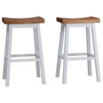 LuXeo - Lakewood Solid Wood Saddle Stools, Set of 2, White/Walnut, Counter Stool 24" - Put the finishing touches on a comfortable and inviting kitchen redesign with this modern farmhouse saddle barstool. Crafted in solid rubberwood for optimal performance, the stool boasts a curved saddle seat perfect for everything from a quick morning coffee to a relaxed evening in the kitchen. The backless design includes a built in footrest and its low-profile, backless design is ideal for compact spaces, easily tucking out of the way when not in use.