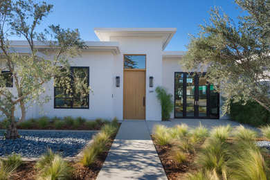 Entryway - large contemporary concrete floor entryway idea in Los Angeles with white walls and a light wood front door