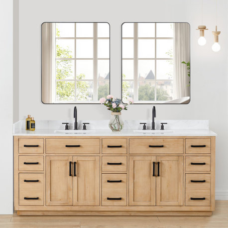 Gavino Vanity With Grain White Composite Stone Top, Light Brown/Matte Black, 84", With Mirror