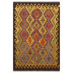 Bareens Designer Rugs - Bohemian Turkish Kilim Annmarie Hand-Woven Wool Rug - 3'3'' x 4'11'' - Elevate the elegance of your home with this stunning hand-woven tribal Kilim wool rug. Meticulously crafted on a loom by the Nomad Turkman people using hand-spun wool and 100% natural vegetable dyes, these rugs are recognized for their repetitive geometric patterns, incorporating naturalistic floral and traditional designs. The contemporary fashion palette results in bold, sharp patterns that are incredibly versatile, as the pattern is the same on both sides. These reversible rugs feature a lighter shade on one side and brighter colors on the other, providing versatility according to preference. These unique rugs are made by knotting short strands of different colors onto the warps and securing them by tightly pressing the wefts. The designs are created by interweaving the various colored wefts and warps. Kilims are known for their exceptional durability and versatility, making them truly unique rugs.  Product Details    Rug Size: 3'3'' x 4'11''  Material: 100% Wool  Style: Kilim, Flat Weave, Dhurrie, Turkish, Southwestern, Rustic, Tribal  Colors: Brown, Gold  Weave Type: Hand-Woven, Handmade  Pile Height: Less than 0.25 inch