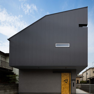 他の地域のインダストリアルスタイルのおしゃれな二階建ての家 (混合材サイディング、グレーの外壁、片流れ屋根、戸建) の写真