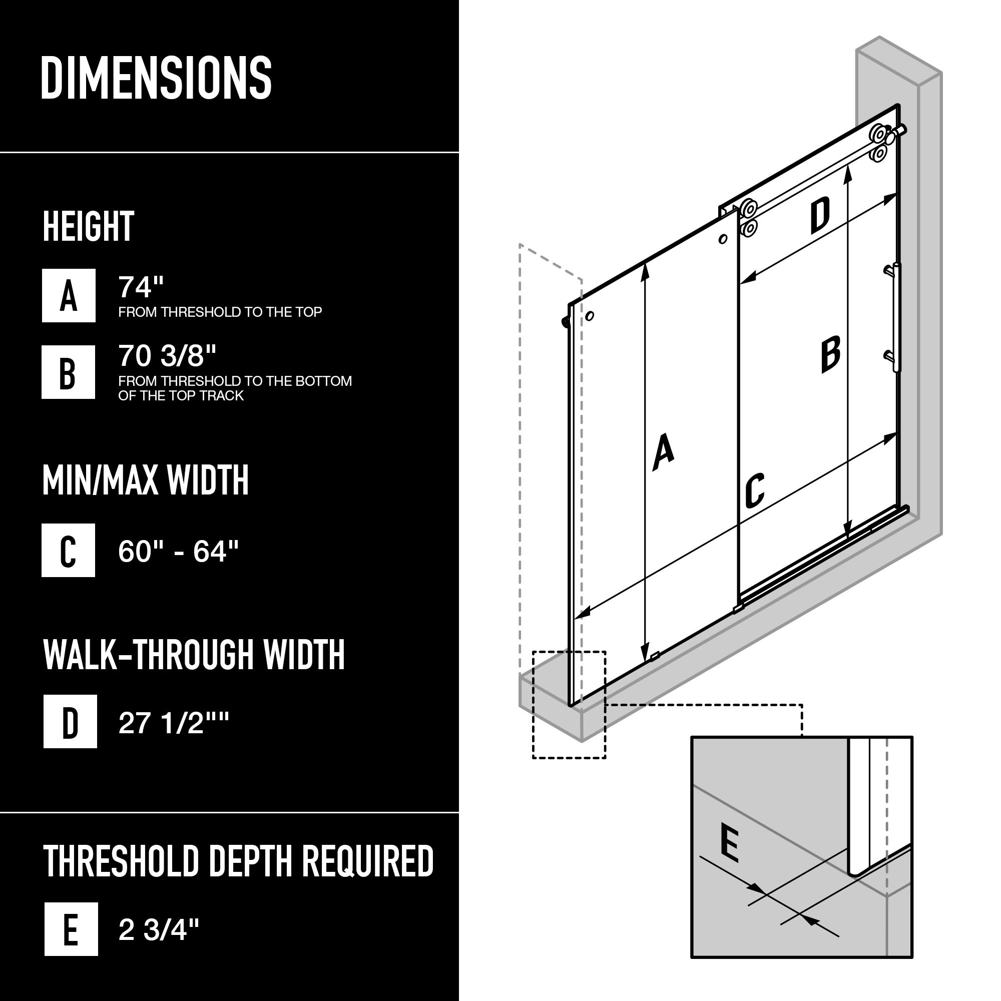 VIGO Elan 60" to 64" W x 74" H Frameless Sliding Shower Door, Matte Gold, Clear Glass