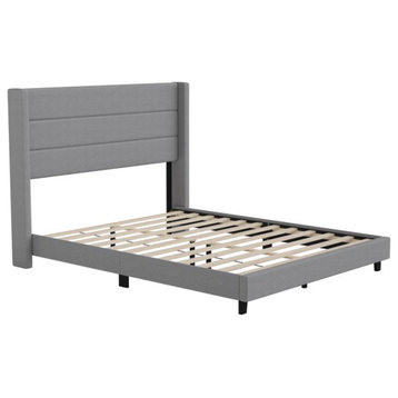 Hollis Upholstered Platform Bed with Wingback Headboard w/Mattress Foundation, Gray, Queen