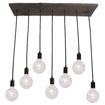 7 Pendant Reclaimed Wood Chandelier, Black, Clear Globe Bulbs