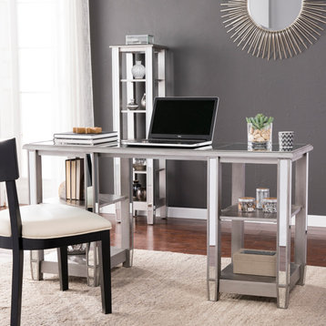Beattie Mirrored Desk, Glam Style, Brushed Matte Silver With Mirror
