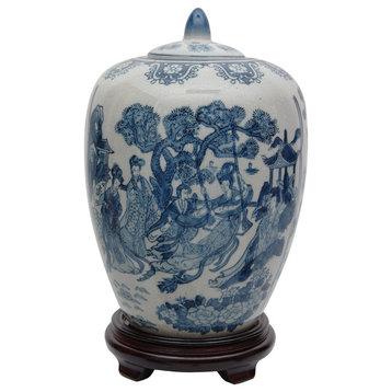 11" Ladies Blue and White Porcelain Vase Jar