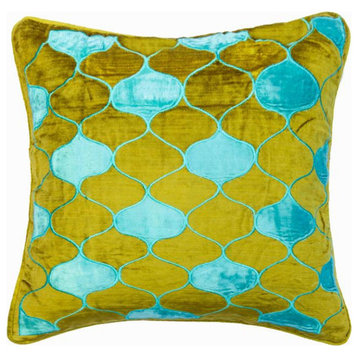 Decorative 26"x26" Applique Lattice Green Velvet Throw Pillows, Dream Taj