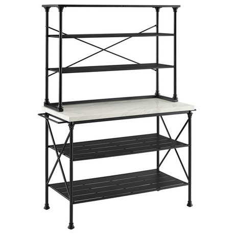 Pemberly Row 2-Piece Metal/Faux Marble Bakers Rack in Matte Black/White