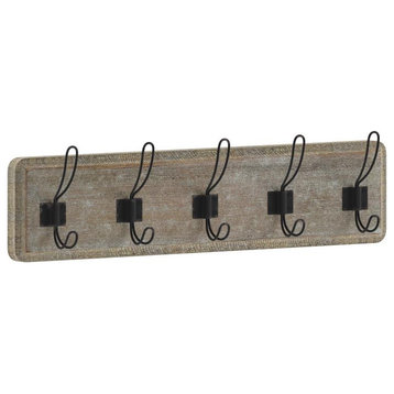24 Inch Wall Mounted Solid Wood Storage Rack with 5 Hanging Hooks, Weathered Brown Wood