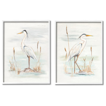 Elegant Heron Birds Cattails Plants In Water Painting, 2pc, each 16 x 20