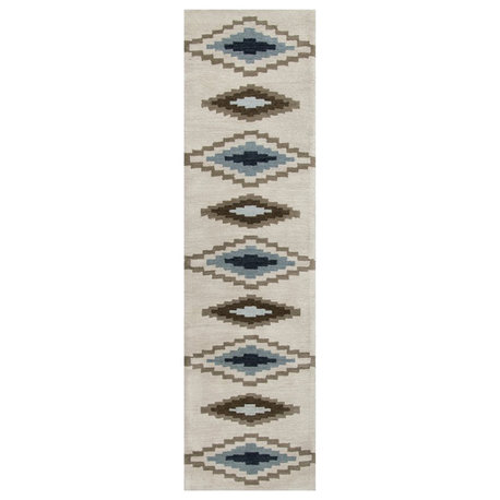 Alora Decor Pueblo 2'6" x 8' Tribal Beige/Navy/Blue/Brown Hand-Tufted Area Rug