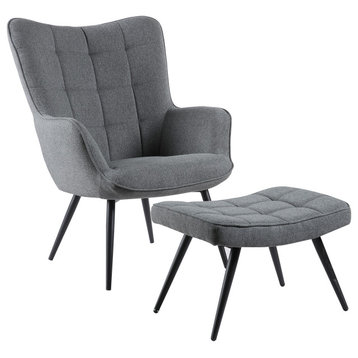 West China Accent Chair With Ottoman, Linen Gray