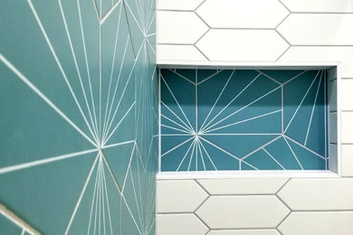 Inspiration for a mid-sized contemporary kids' blue tile and porcelain tile bathroom remodel in Denver with a niche