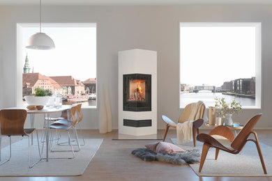 Foto di un soggiorno design con stufa a legna