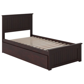 Classic Twin Platform Bed With Drawers, Grooved Headboard & Footboard, Espresso