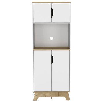 Storage Pantry Cabinet, Open Shelf & Doors With Cut Out Handle, Light Oak/White