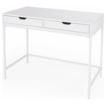 Transitional Desk, Metal Frame & Rubberwood Top With 2 Storage Drawers, White