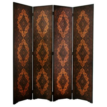 Unique Room Divider, 4 Wooden Panels With Textured Faux Leather Finish, Brown