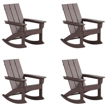 WestinTrends 4PC Modern Adirondack Outdoor Rocking Chair Set, Porch Rockers, Dark Brown