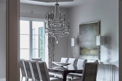 Great room - huge contemporary dark wood floor, brown floor and tray ceiling great room idea in Chicago with gray walls