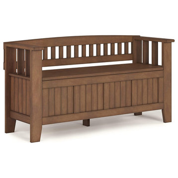 Rustic Storage Bench, Pine Frame With Slatted Back and Arms, Natural Aged Brown