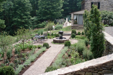 Photo of a mid-sized traditional drought-tolerant and full sun side yard gravel water fountain landscape in Philadelphia.