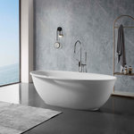 Clovis - Clovis Solid Surface Freestanding Bathtub, 67"x33.5"x22" - A tradition of practicality with eye-catching new function. Present to you Clovis's brand-new freestanding solid surface bathtub that adds innovative design to upgrade the classical style. One edge of this bathtub was widened and designed with a place to hang towels, perfectly solving the difficulty of having nowhere to put towels when soaking in the bathtub. This user-friendly design reflects Clovis' concept of aiming for a more comfortable user experience and exclusive bathtub options for customers with different needs. The perfectly smooth curvature of the bathtub and the modern design in its simplicity can turn your bathroom into a relaxing and aesthetically pleasing space for your utmost enjoyment.