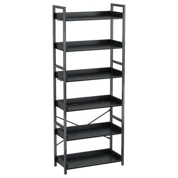 Industrial Wood Bookcase 6 Tier with 4 Hooks in Black
