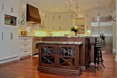 Inspiration for a large transitional u-shaped kitchen pantry in Toronto with beaded inset cabinets, white cabinets, beige splashback, stainless steel appliances, medium hardwood floors and with island.
